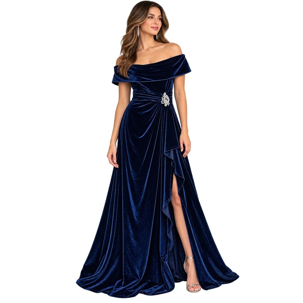 NWT Navy Velvet Formal Evening Gown Off Shoulder M Rhinestone Draped Maxi Dress
